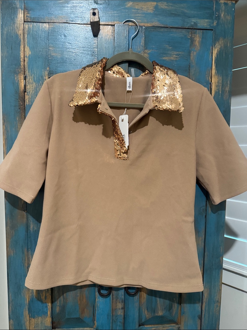 glam Taupe Short Sleeve Top with Gold Sequin Collar